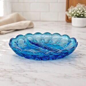 Vintage Indiana Glass Kings Crown Teal Blue Divided Oval Candy Dish